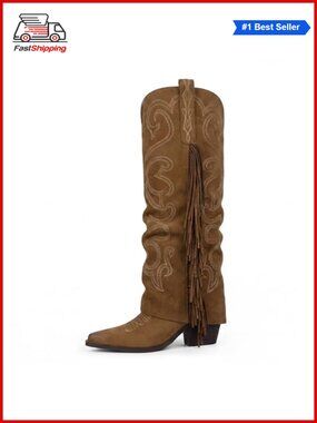 Women's Fold Over Fringe Embroidered Western Cowboy Knee High Boots